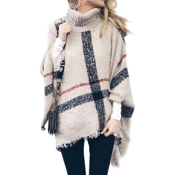 Multicolored Turtleneck Knit Pullover Poncho One Size - Picture 1 of 6